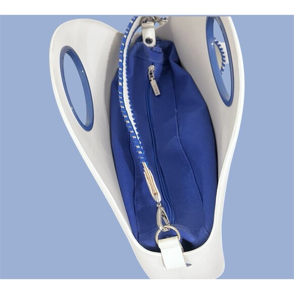 O bag Classic White Shell Blue Handles Liner Whipstitch Strap Modular Italy - Picture 6 of 16